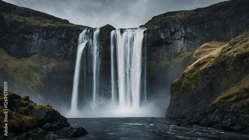 Powerful Waterfall in a Dramatic Mountain Landscape
