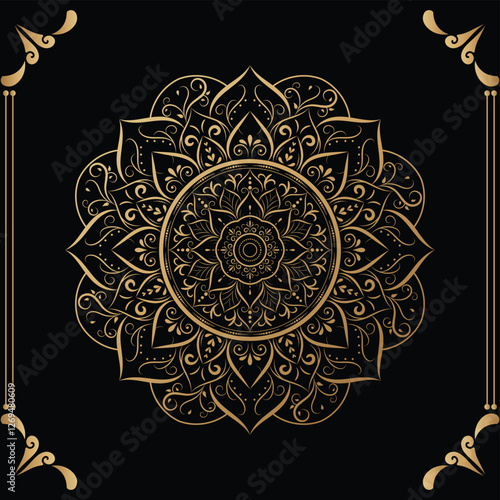Luxury mandala design black background in gold color