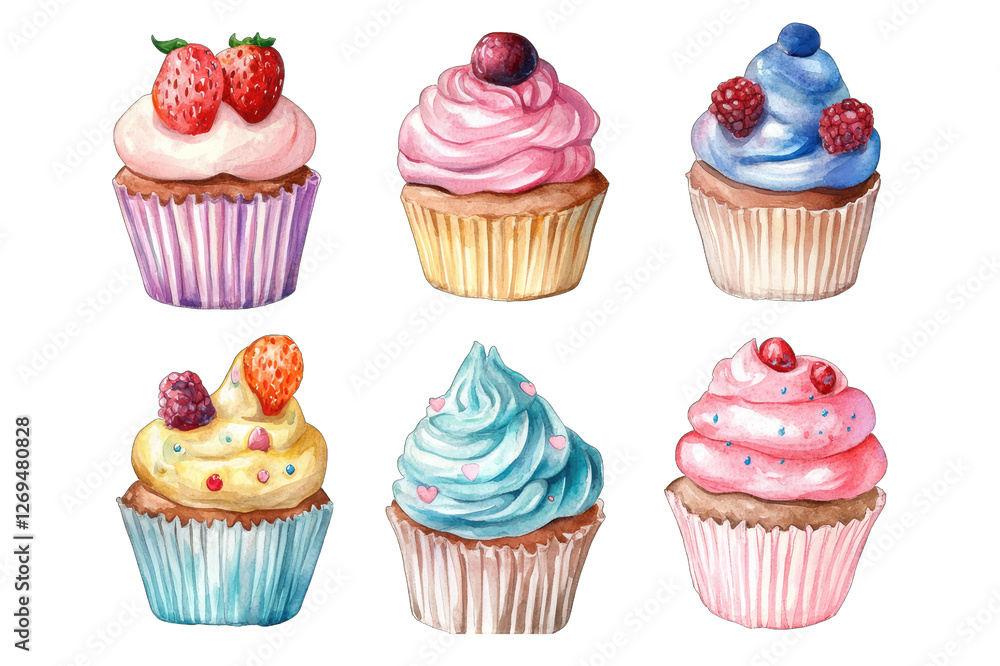 A set of cupcake watercolor paintings A set of cupcake watercolor paintings