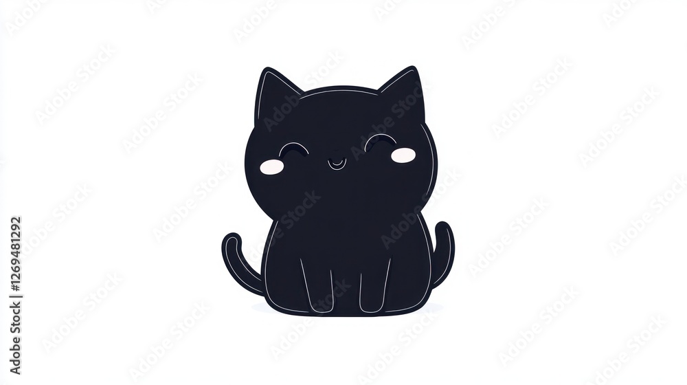 Fototapeta premium Cute black cartoon cat sitting, simple style, white background, kid's design, possible use for greeting cards or children's products