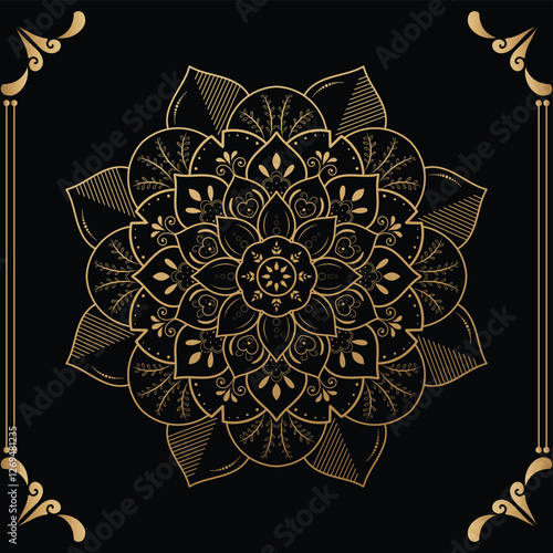 Luxury mandala design black background in gold color