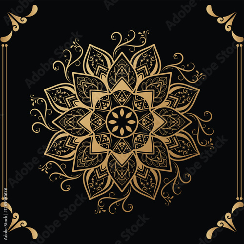 Luxury mandala design black background in gold color