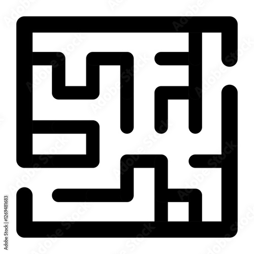 A black and white icon of a maze symbolizing confusion complexity challenge being lost or difficulty in finding a solution.