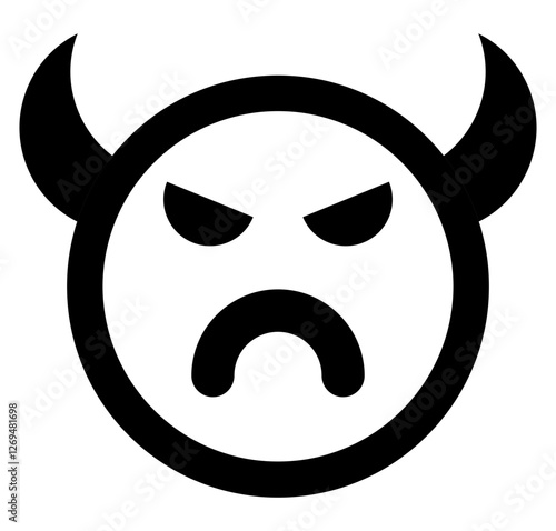 A black and white icon of an angry face with devil horns symbolizing anger  aggression evil or negative emotions.