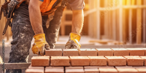 Construction worker laying bricks at a building site