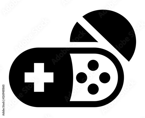 A black and white icon combining a pill and a game controller symbolizing gaming addiction dependence on video games or the concept of gaming as a form of escape or therapy.