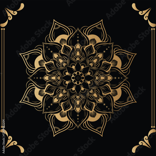 Luxury mandala design black background in gold color
