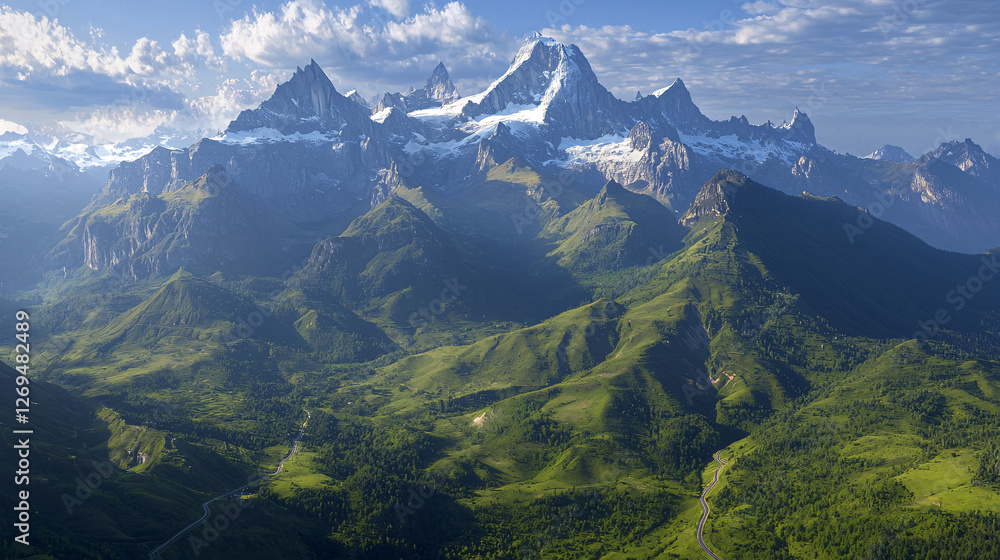 Aerial View of a Vast Green Valley with Towering Peaks Aerial View of a Vast Green Valley with Towering Peaks