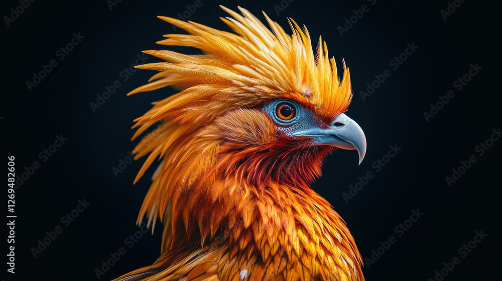Fototapeta premium a striking phoenix with golden-red feathers, poised majestically, sharp beak and intense gaze