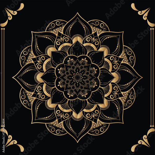 Luxury mandala design black background in gold color