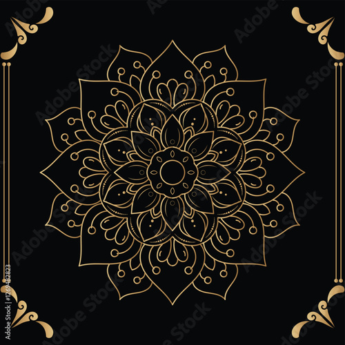 Luxury mandala design black background in gold color