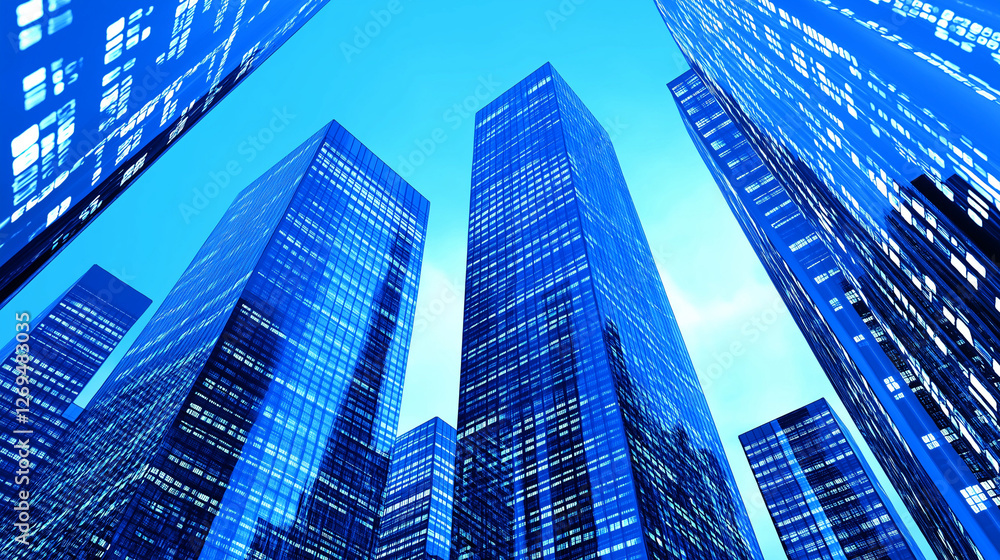 Skyward Gaze: A dramatic low-angle perspective reveals a towering cityscape of sleek, blue-tinted skyscrapers reaching towards a brilliant azure sky, evoking a sense of ambition and progress. Skyward Gaze: A dramatic low-angle perspective reveals a towering cityscape of sleek, blue-tinted skyscrapers reaching towards a brilliant azure sky, evoking a sense of ambition and progress.