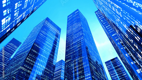 Wallpaper Mural Skyward Gaze: A dramatic low-angle perspective reveals a towering cityscape of sleek, blue-tinted skyscrapers reaching towards a brilliant azure sky, evoking a sense of ambition and progress. Torontodigital.ca