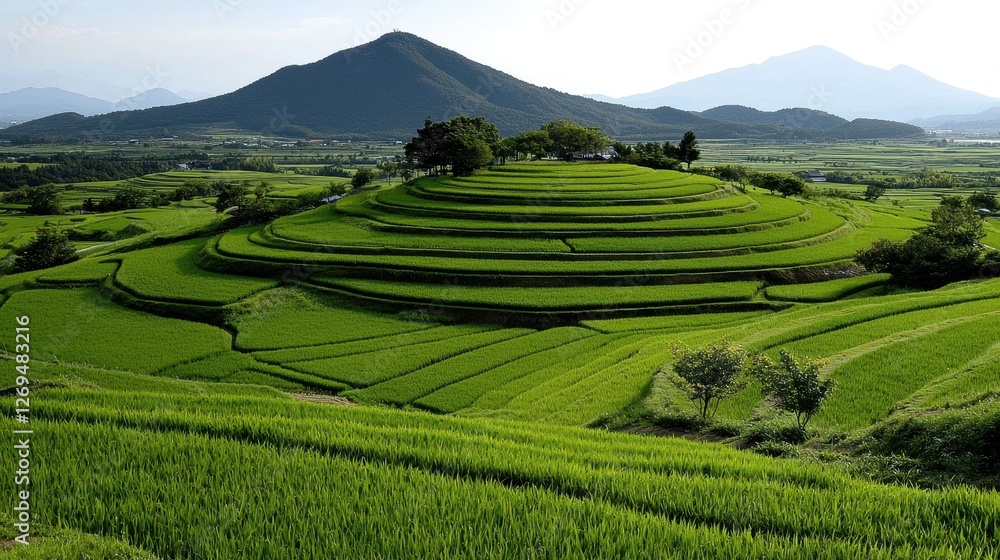 Lush Green Terraced Rice Fields with Mountain Backdrop in Beautiful Rural Landscape Lush Green Terraced Rice Fields with Mountain Backdrop in Beautiful Rural Landscape