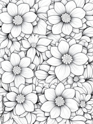 Wallpaper Mural A detailed black and white floral pattern, featuring various flowers and leaves, ideal for coloring books, textile designs, or graphic art projects, It offers a soothing and creative aesthetic, Torontodigital.ca