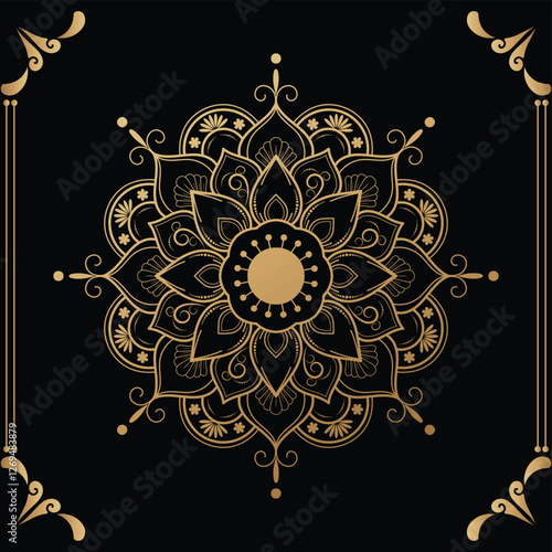 Luxury mandala design black background in gold color