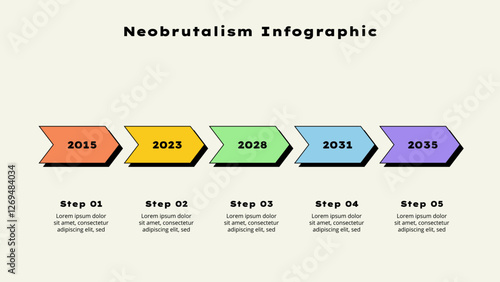 Five horizontal arrows elements. Concept of 5 options of business development process. Timeline vector illustration. Neobrutalism infographic template