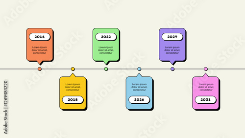 Six horizontal circle elements. Concept of 6 options of business development process. Timeline vector illustration. Neobrutalism infographic template