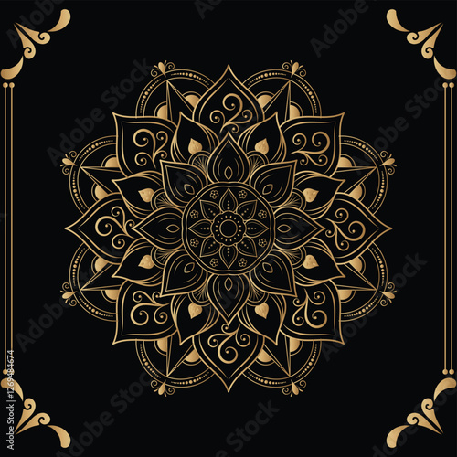 Luxury mandala design black background in gold color