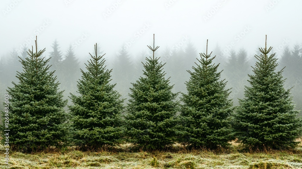Five Christmas trees in foggy forest, ready for harvest Five Christmas trees in foggy forest, ready for harvest