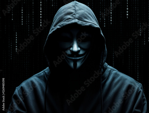 Shadowy figure surrounded by lines of encrypted code, symbolizing anonymous hackers.