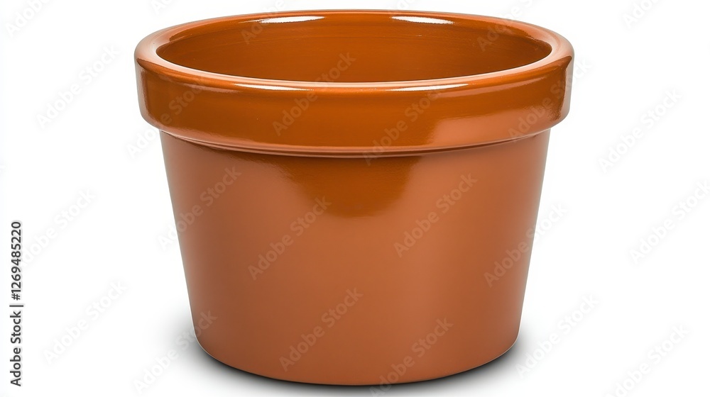 A terracotta flower pot rests on a white surface. The pot is cylindrical with a slightly wider rim, displaying a consistent terracotta color and a A terracotta flower pot rests on a white surface. The pot is cylindrical with a slightly wider rim, displaying a consistent terracotta color and a