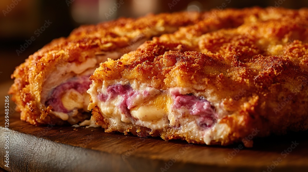A close-up of Chicken Cordon Bleu being sliced, showing the creamy cheese filling and the crispy breaded coating 
