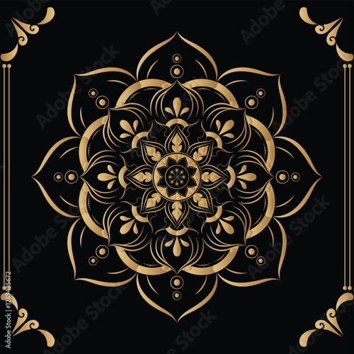 Luxury mandala design black background in gold color
