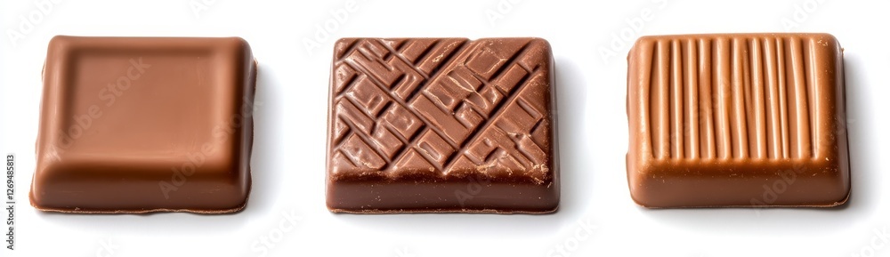 Obraz premium Three square chocolate candies on a white background, each with a different texture smooth, cross hatched, and lined. Rich brown and milk chocolate