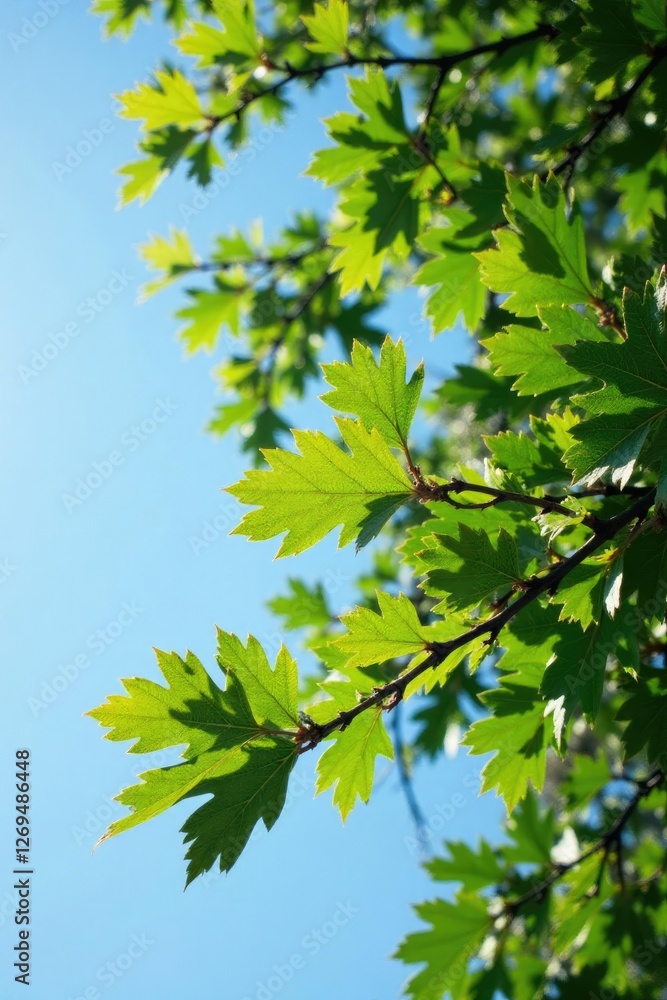 Oak branches with leaves and twigs against a blue sky, tree, foliage Oak branches with leaves and twigs against a blue sky, tree, foliage
