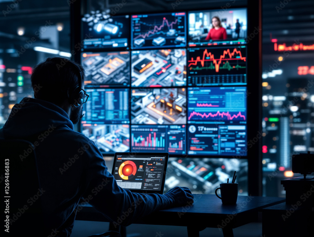 Cybersecurity expert monitoring multiple security cameras and network traffic. Cybersecurity expert monitoring multiple security cameras and network traffic.