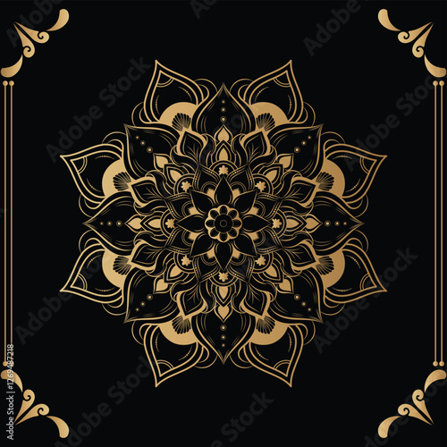 Luxury mandala design black background in gold color