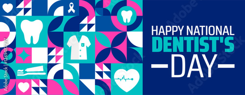 Dentist's Day geometric shape pattern background banner or poster design template. observed every year in March. Holiday concept. Use to any Template, card, poster, placard, template.