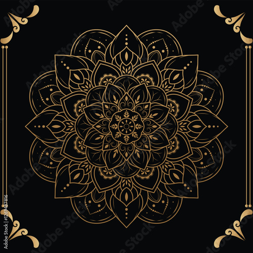 Luxury mandala design black background in gold color