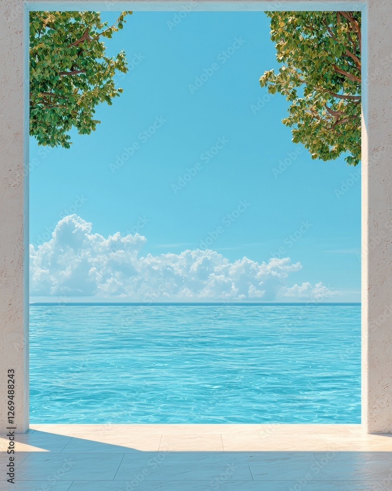Tranquil ocean view from modern architecture serene location digital art bright open space calm concept