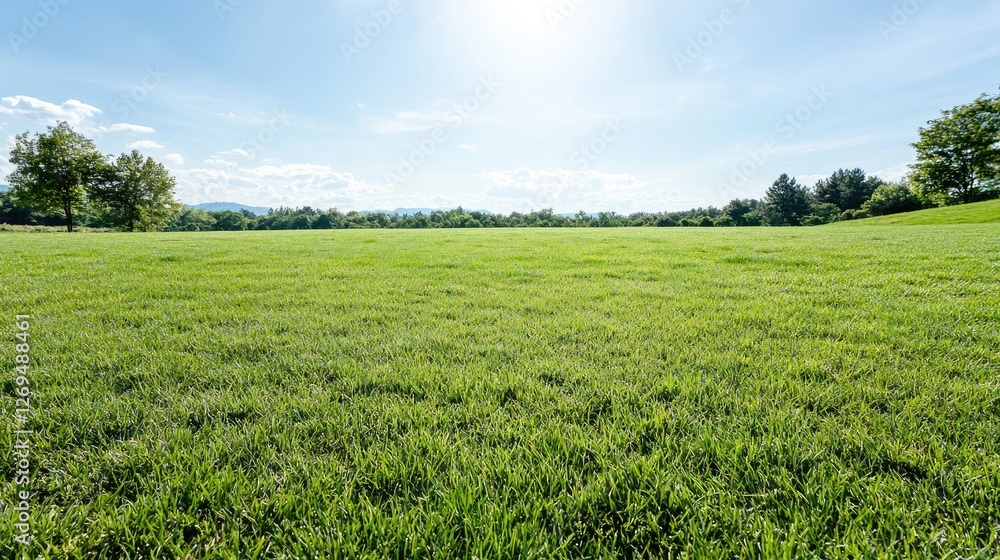 Sunny green field, blue sky, distant hills, idyllic landscape, nature background Sunny green field, blue sky, distant hills, idyllic landscape, nature background