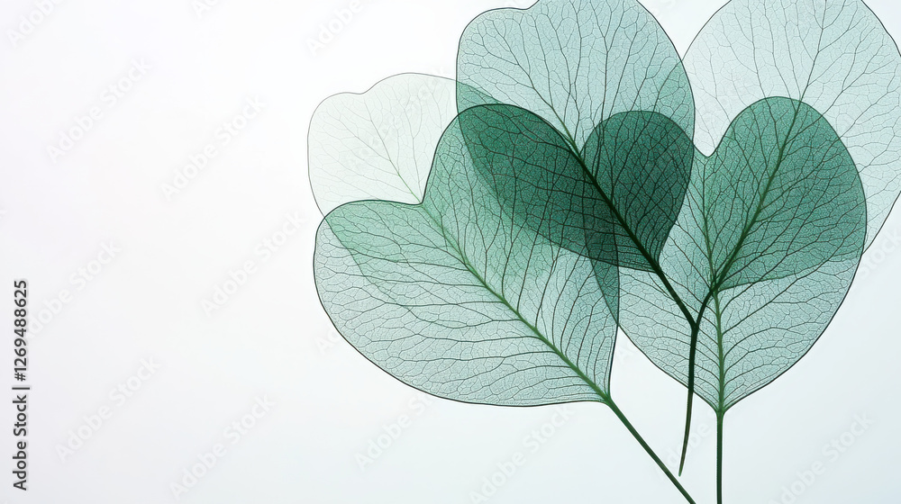 Fototapeta premium detailed macro photograph of heart-shaped leaves in varying shades of green, subtle shadows cast on a white background, crisp textures with visible veins