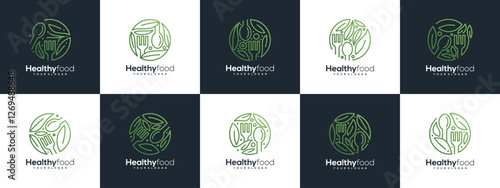 collection of Healthy food logo design vector concept. Healthy food logo icon with leaf.