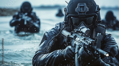 Navy seal team attacking from water with rifles