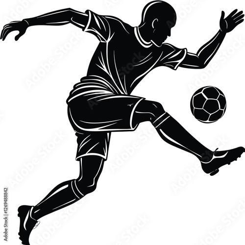 A black silhouette of a football striker preparing to take a powerful shot. 