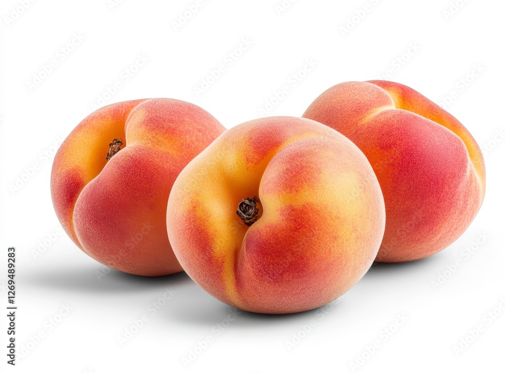 Three ripe peaches with fuzzy skin and a subtle blush of red against a plain white background. The peaches are arranged attractively in a cluster Three ripe peaches with fuzzy skin and a subtle blush of red against a plain white background. The peaches are arranged attractively in a cluster