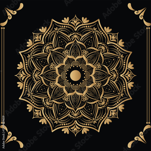 Luxury mandala design black background in gold color