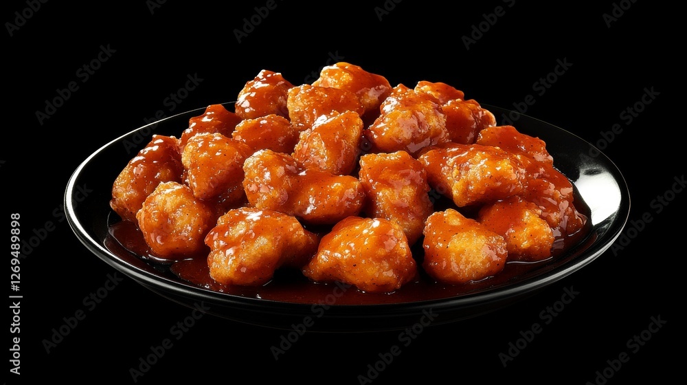 A tempting plate of boneless chicken wings drenched in spicy buffalo and tangy bbq sauce A tempting plate of boneless chicken wings drenched in spicy buffalo and tangy bbq sauce