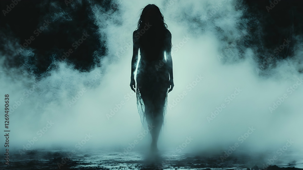Obraz premium Mysterious woman walks through fog, dark night, fantasy