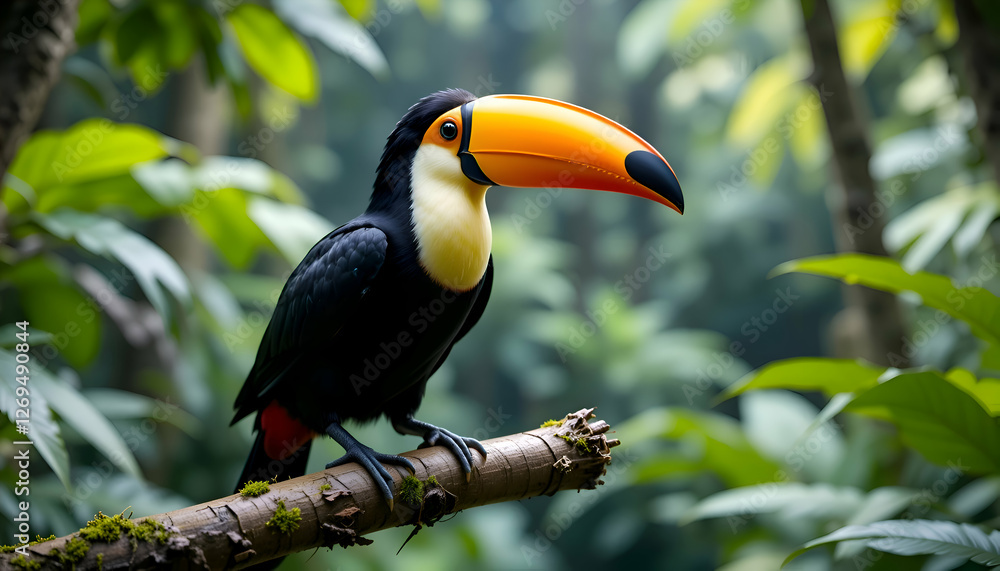 Naklejka premium Toucan tropical bird sitting on a tree branch in natural wildlife environment in rainforest jungle