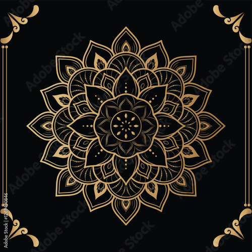 Luxury mandala design black background in gold color