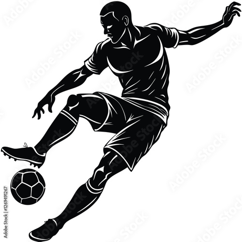 A black silhouette of a football striker preparing to take a powerful shot. 