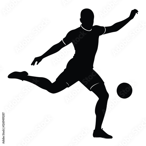 A black silhouette of a football striker preparing to take a powerful shot. 