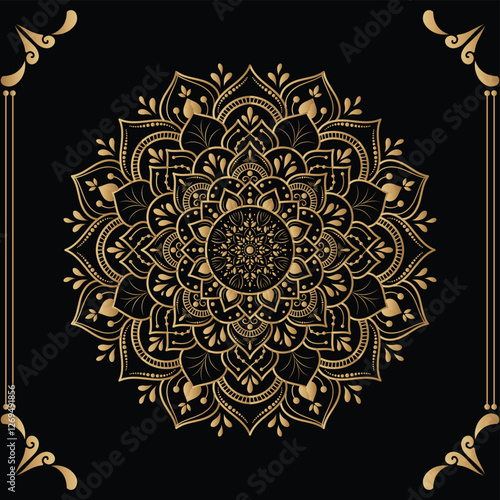 Luxury mandala design black background in gold color