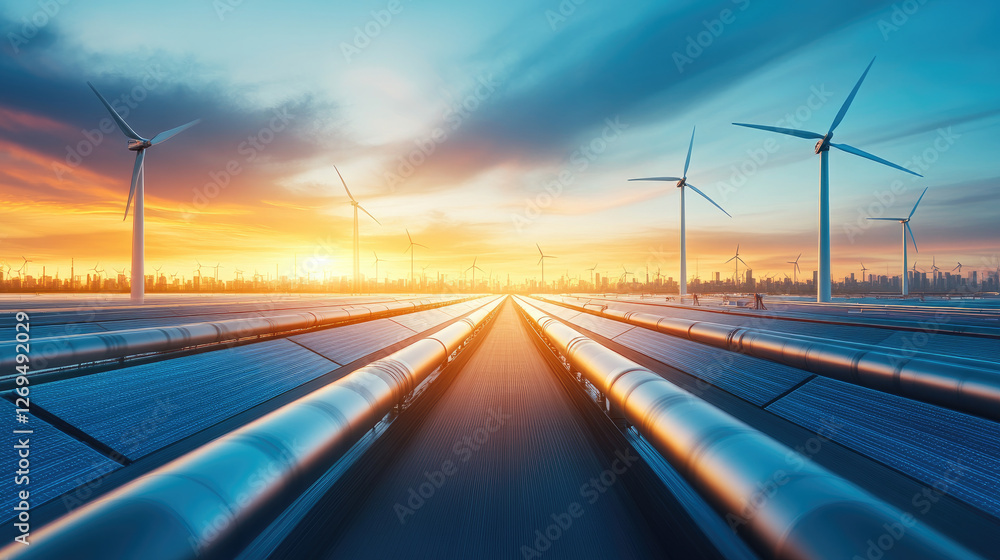 Renewable energy revolution wind and solar farms at sunset clean technology landscape scenic viewpoint Renewable energy revolution wind and solar farms at sunset clean technology landscape scenic viewpoint